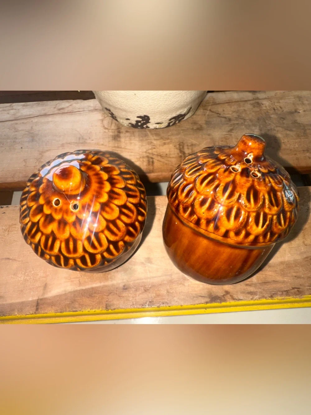 Ceramic Textured Acorn Salt and Pepper Shakers - Brown Glaze. - New